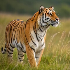 Obraz premium Majestic Tiger in Tall Grass: A Portrait of Power