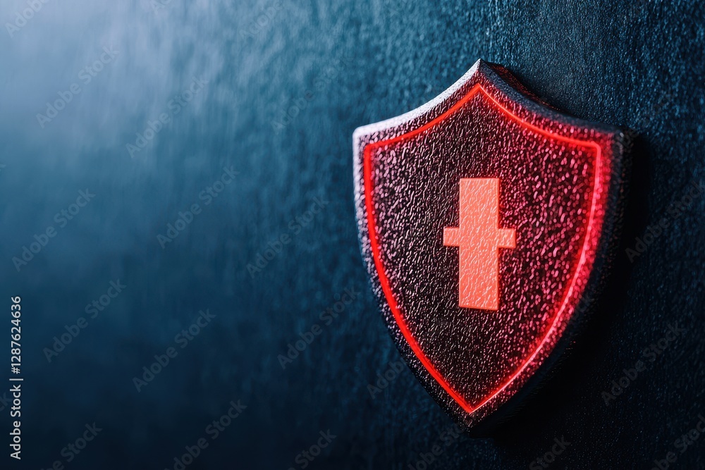 Poster protection connection sign proxy vpn concept. red illuminated shield with a cross symbol, set agains