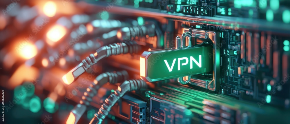 Poster protection connection sign proxy vpn concept. a close-up of a glowing vpn device connected to a futu