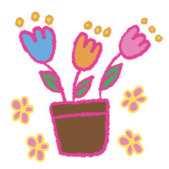 Hand drawn crayon tulip flowers with green leaves in flowerpots for home decoration, spring, summer, nature, garden, plants, tree, blossom, blooming, sticker, picnic, park, house yard, environment