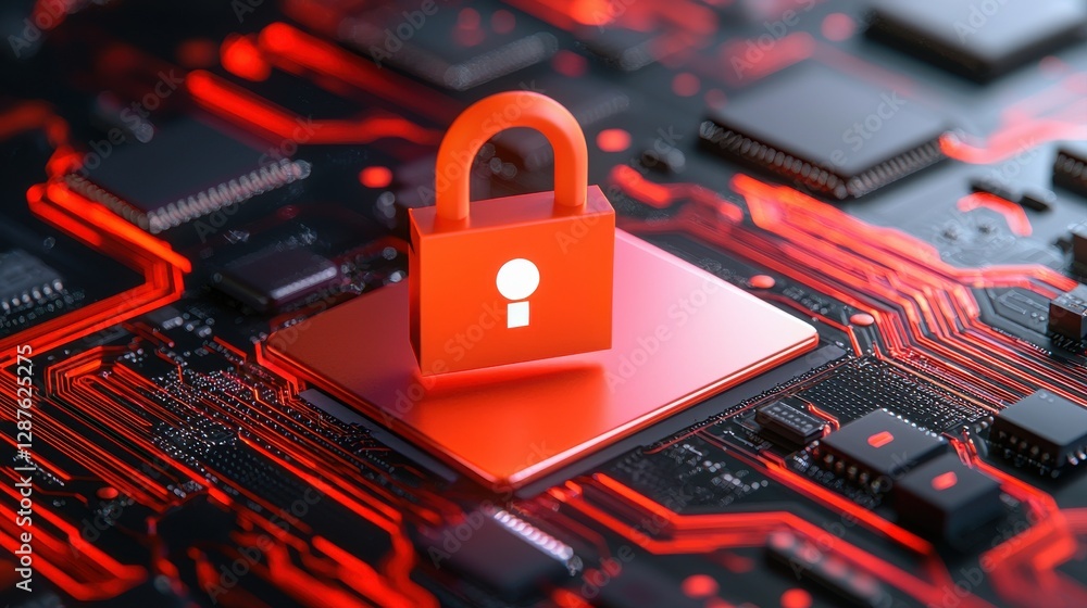 Poster a digital lock icon sits centered on a circuit board, symbolizing cybersecurity and data protection 