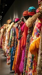 Fototapeta premium Colorful textiles hang, vibrant patterns displayed.