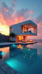 Sleek cube house, infinity pool, sunset reflection, design, reflection, luxury