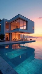 Sleek cube house, infinity pool, sunset reflection, architecture photography, sky