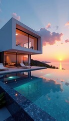 Sleek cube house, infinity pool, sunset reflection, exterior, contemporary home