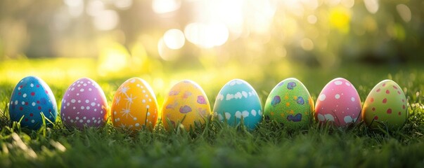 Colorful Easter eggs lined up on the grass with sunlight in the background. Spring holiday concept. copy space. Happy Easter Festival Concept, April 2025.