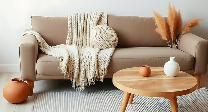 Modern Living Room with Beige Sofa and Minimalist Decor