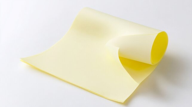 Single adhesive yellow post note with curled edges isolated on a bright white background perfect for reminders or memos