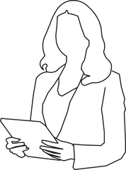 Business woman holding tablet. Continuous line style. Hand drawn. One line. Vector design. illustration