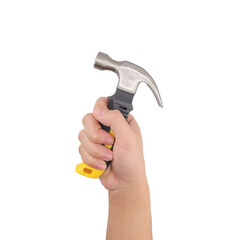 Male hand holding a mechanic tool called a short-handled hammer. Single display on a white background.