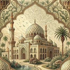 Obraz premium Seamless pattern, drawing, watercolor, ornate mandala with gold accents, ancient mosque, oriental palace under the dome of the sky in warm colors