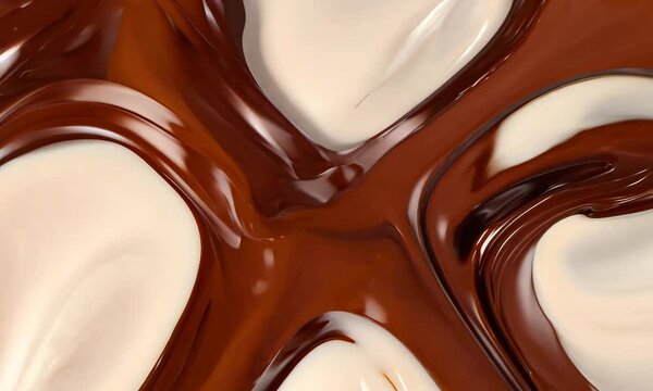 A smooth, flowing pattern of glossy chocolate and creamy vanilla swirled together in an abstract design.