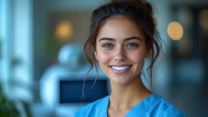 Fototapeta premium A radiant young nurse's confident smile embodies compassion and care, captured in soft, natural light against a blurred background.