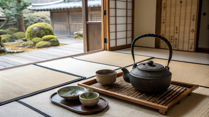 A traditional Japanese tea ceremony setup in a tatami-matted room, featuring a black cast-iron teapot, ceramic tea bowls, and a tranquil garden view through sliding shoji doors
