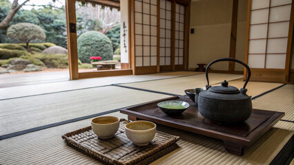 A traditional Japanese tea ceremony setup in a tatami-matted room, featuring a black cast-iron teapot, ceramic tea bowls, and a tranquil garden view through sliding shoji doors