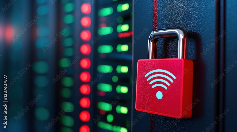 Poster a red padlock with a wi-fi symbol is shown on a server, surrounded by blinking green and red lights,