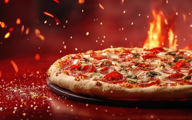Pizza on a fiery red 3D background minimalistic mockup with space for text