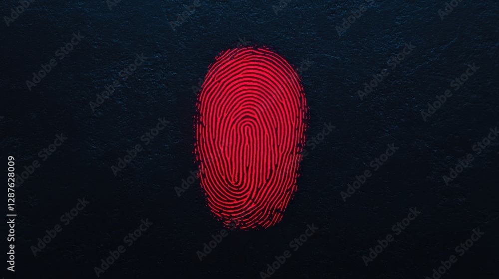 Poster a vibrant red fingerprint against a dark background, symbolizing identity and security in digital en