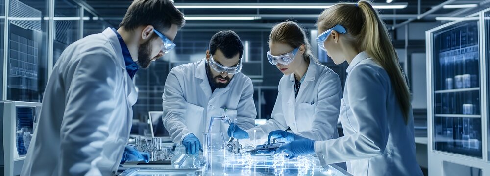 A team of engineers designing a robotics prototype in a futuristic lab - Powered by Adobe