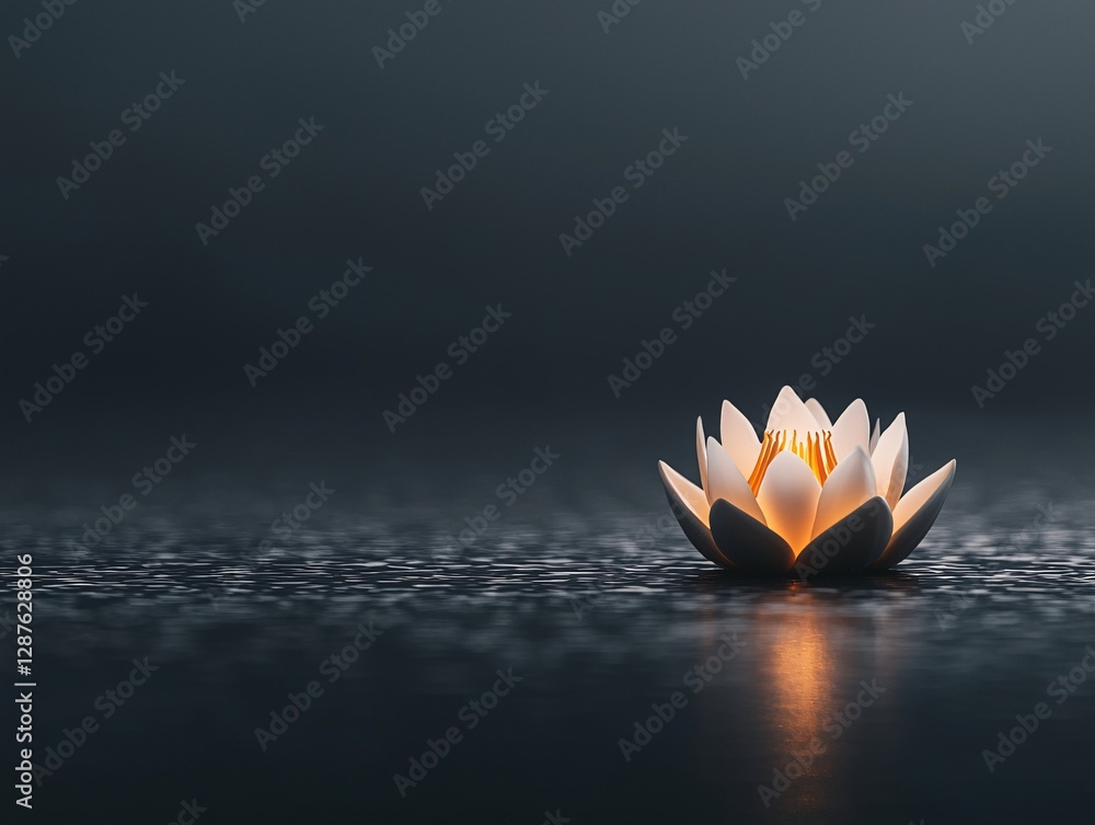 Poster a massive glowing lotus floating in the middle of a still lake, soft mist rising around it, creating