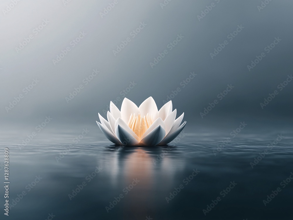 Aufkleber a massive glowing lotus floating in the middle of a still lake, soft mist rising around it, creating