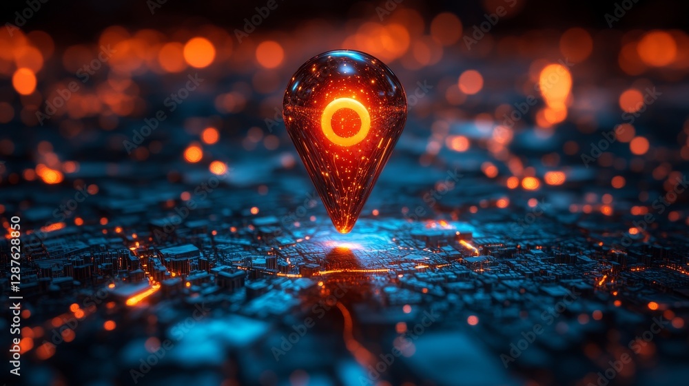 Poster glowing location pin hovering above dark city map with neon lights, symbolizing digital navigation. 