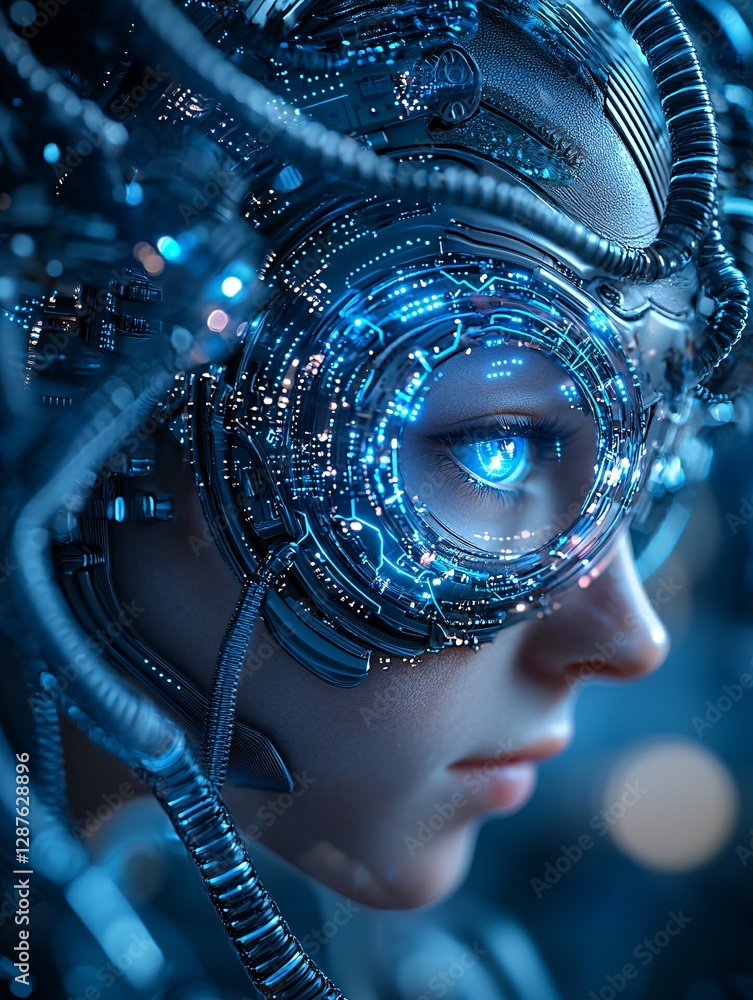 Poster a cybernetic warrior with glowing energy circuits embedded in their armor, eyes illuminated with int