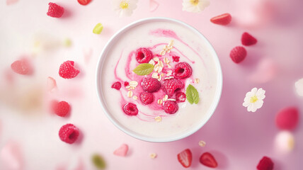vibrant smoothie bowl topped with fresh raspberries, oats, and mint leaves, surrounded by scattered berries and flowers, evokes refreshing feel