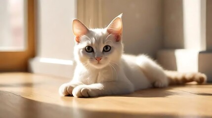 A cute and adorable kitten with soft cream and white fur, lying down comfortably on a clean and shiny floor 002