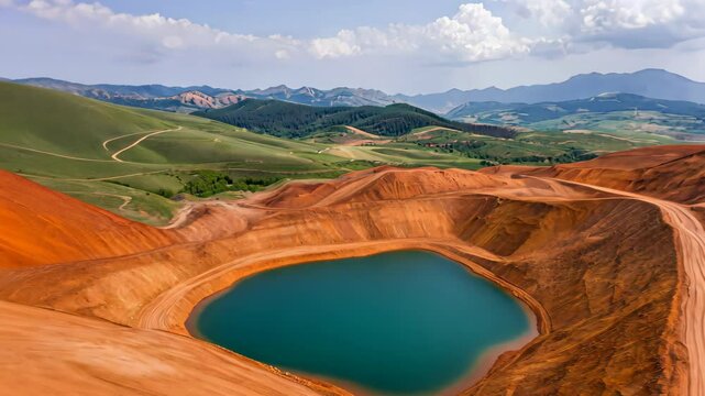 Aerial View of Vibrant Red Riotinto Mines and Turquoise Pool in Spain with Scenic Mountainous Background and Cloudy Sky