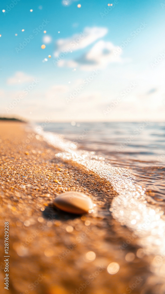 Poster serene beach scene with gentle waves lapping at shore, featuring seashell on sand. sun casts warm gl