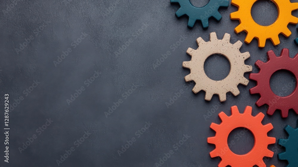 Poster a collection of colorful gears arranged on a textured surface, symbolizing teamwork, mechanics and i