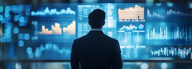 A businessman analyzing financial data on a large smart screen