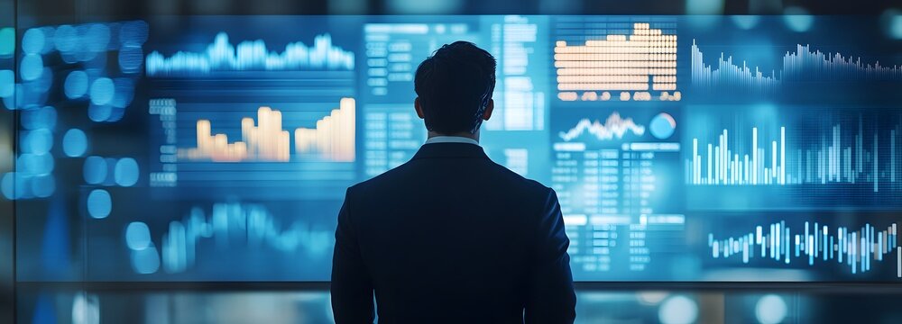 A businessman analyzing financial data on a large smart screen