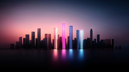 a futuristic city skyline at dusk, glowing with neon holograms and floating light displays, the sky reflecting vibrant electric blues and purples, cyberpunk aesthetic, ultra-detailed realism