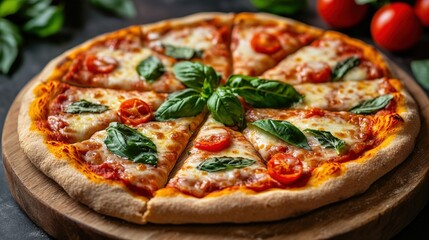 Freshly Baked Margherita Pizza with Basil and Cherry Tomatoes