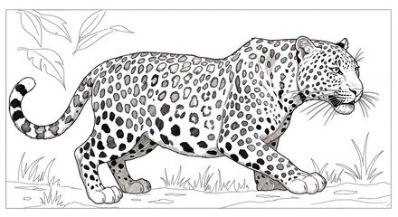 Fototapeta premium Monochrome drawing depicts a leopard strolling through the jungle floor