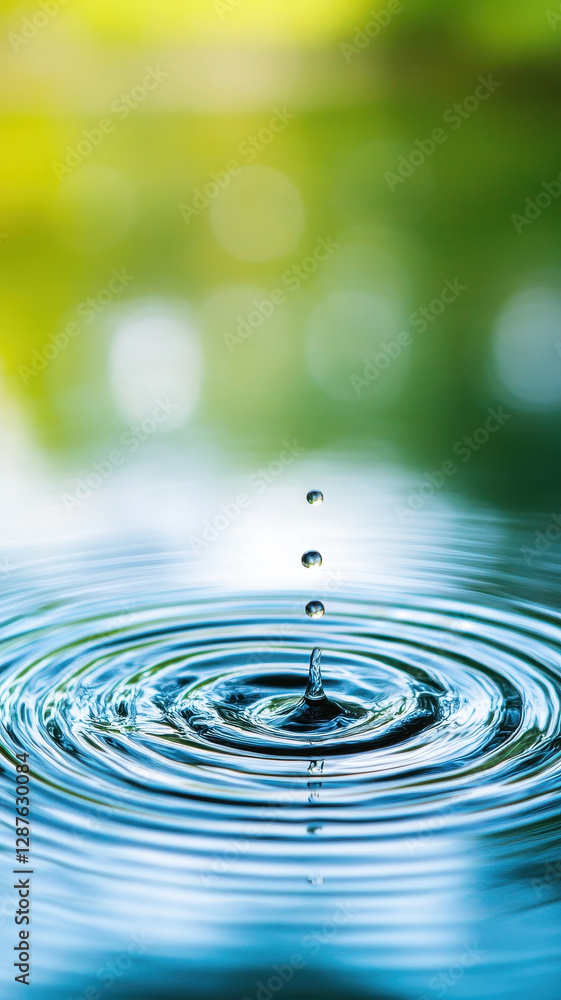 Poster droplets creating concentric ripples on serene water surface, evoking tranquility and calmness