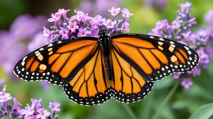Obraz premium Monarch Butterfly on Lavender Flowers Vibrant Wings Nature Close Up