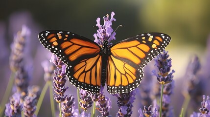 Fototapeta premium Monarch Butterfly on Lavender Flowers in a Garden Nature Photography