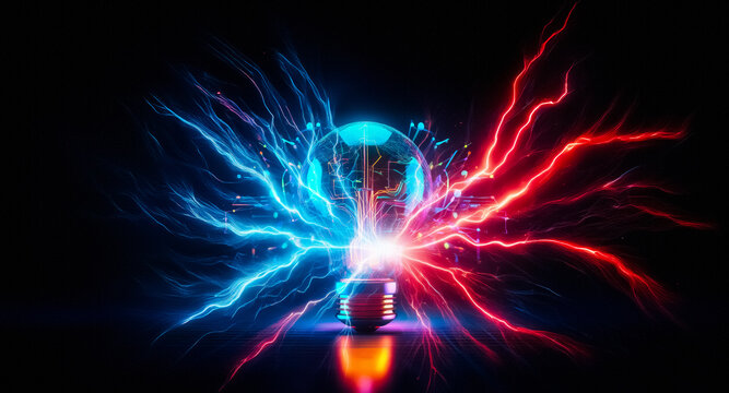 Vibrant neon brain inside a glass light bulb. Futuristic concept of idea and innovation, glowing on a dark background.