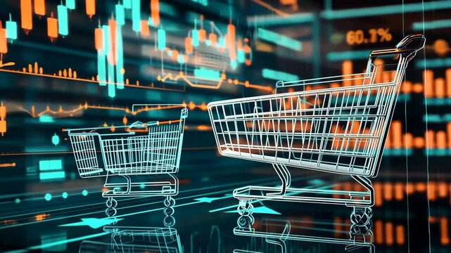 A futuristic shopping cart, representing online sales with glowing data visualizations and charts.