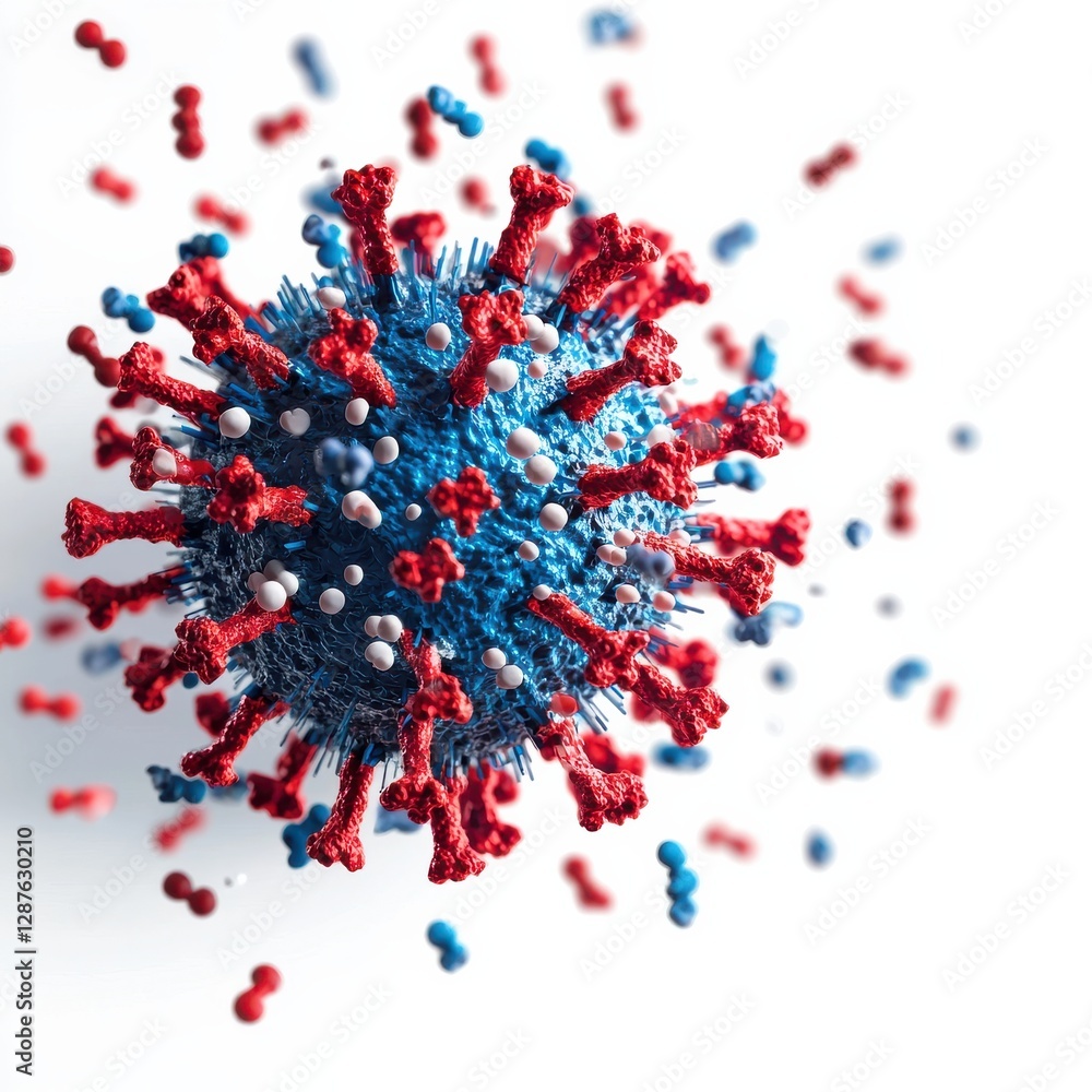 Poster a colorful 3d model of a virus, featuring spikes and a spherical structure, representing a microscop