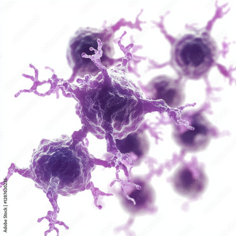 Poster a close-up view of purple-colored cells, possibly neurons, showcasing intricate structures and conne