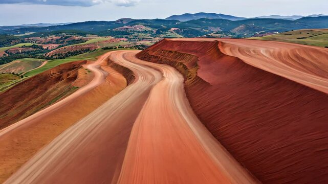 Breathtaking Aerial View of Vibrant Red Landscapes at Riotinto Mines in Spain Highlighting Natural Beauty and Geological Wonders