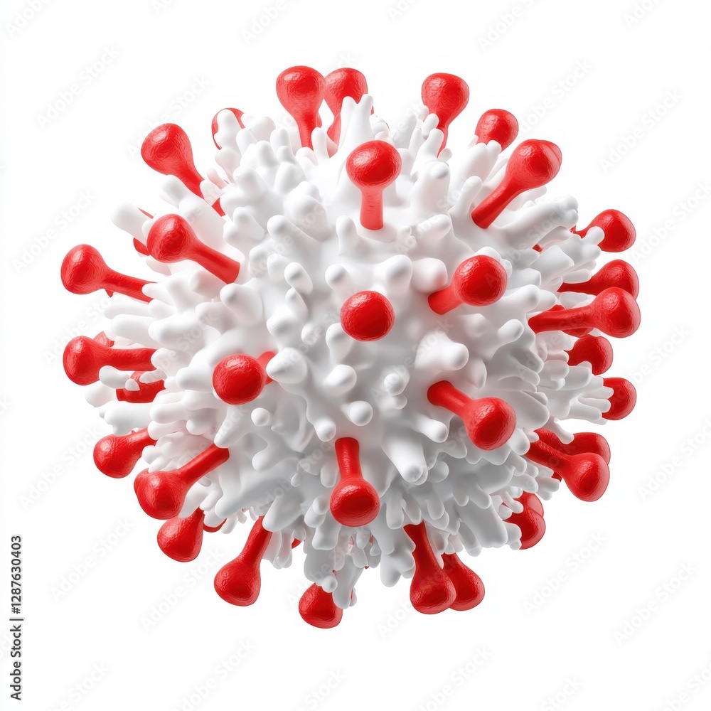 Poster a 3d model of a virus with white and red spikes, illustrating its structure and visualizing viral in