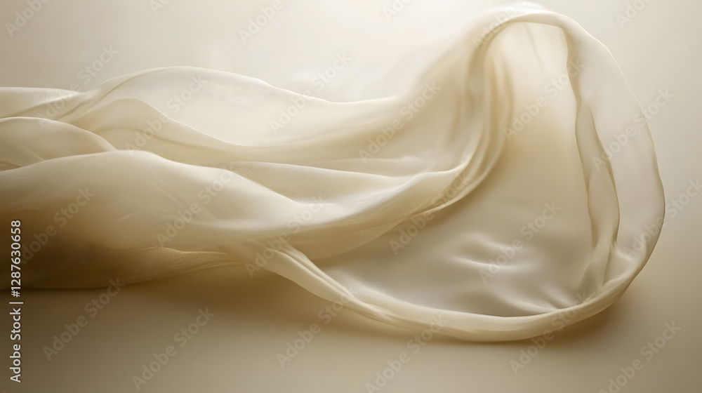 Poster white silk fabric draped gracefully on a soft beige background creating an elegant and tranquil sett