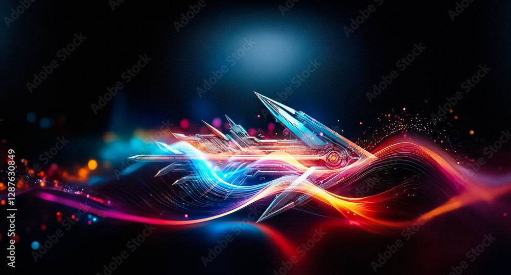 Poster Futuristic metallic arrow pointing right on a dark backdrop.  The arrow has a complex, mechanical, and sharp design with blue and orange color accents.