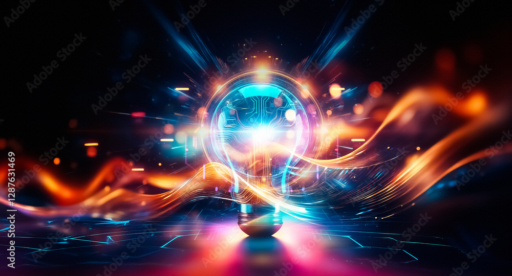 Aufkleber Glowing light bulb with circuit board design shines brightly against a dark backdrop. Neon lights outline the bulb and ground, creating a futuristic tech vibe.