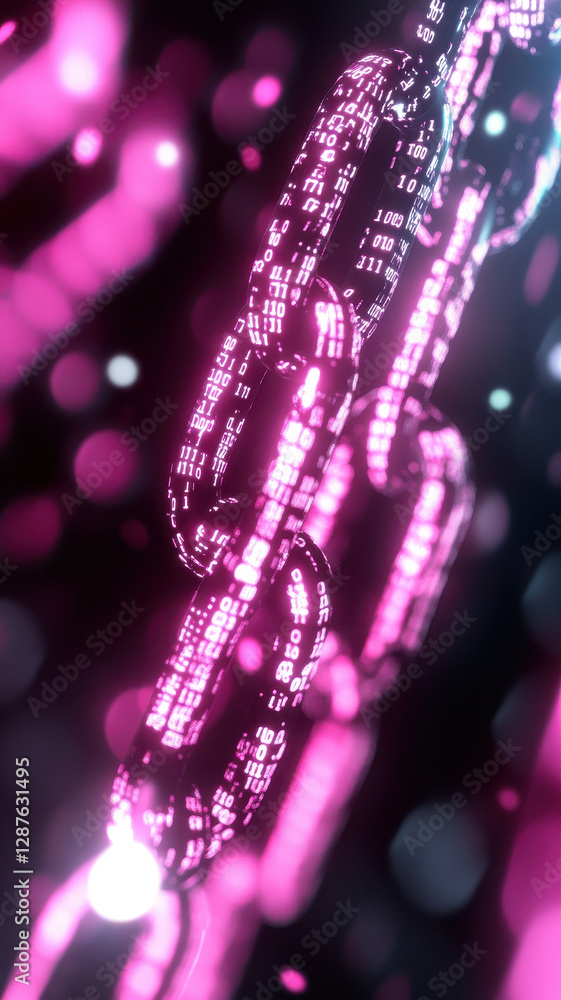 Aufkleber futuristic digital chain with binary code in vibrant pink hues, symbolizing technology and connectiv